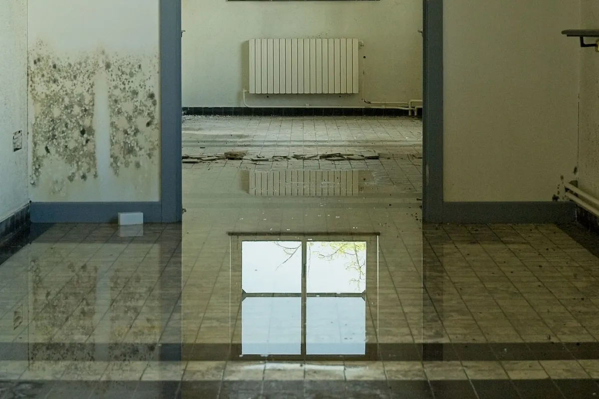 Mould growth on a wall above a flooded floor